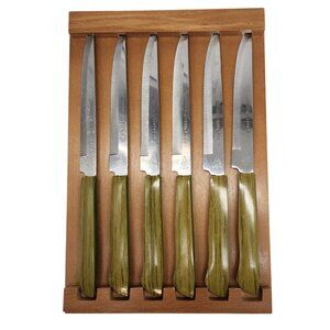 Vtg Household's Steak Knives Green Avocado Handles Wood Block Holder w/ Box MCM